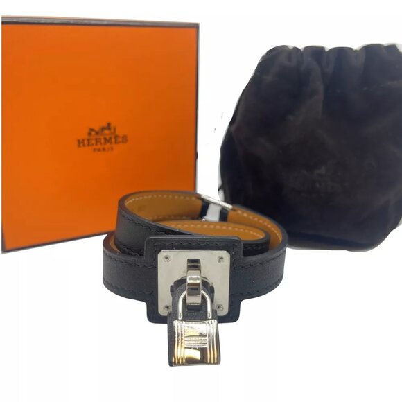 HERMES Kelly D Mark Silver Metal Fittings Bracelet Black Leather - Picture 1 of 12
